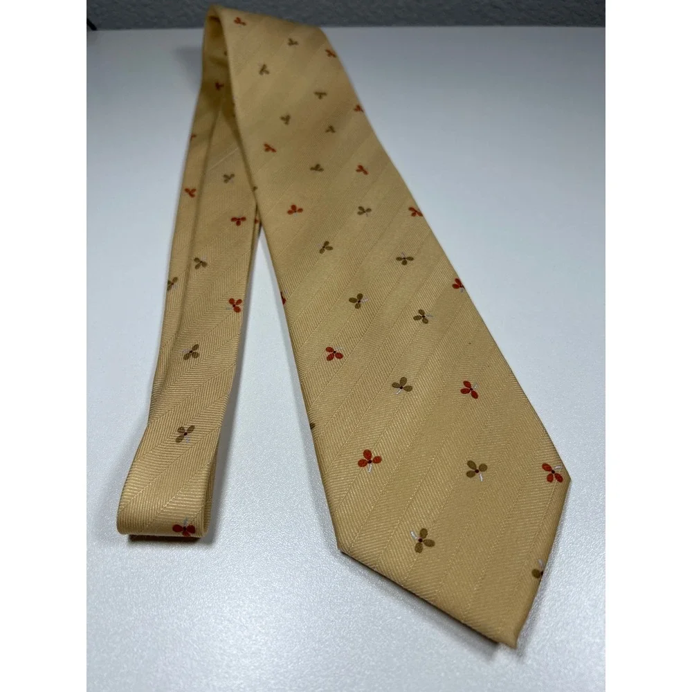Brioni Silk Cashmere Tie Gold Yellow Floral Foulard Herringbone Handmade Italy